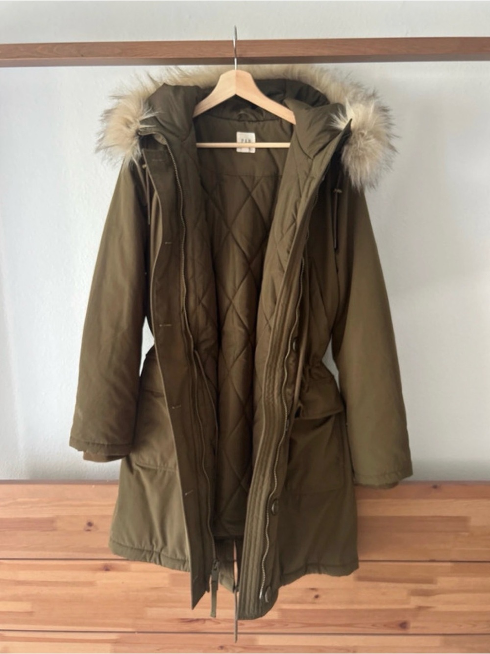 Gap Olive Green Quilted Hooded Parka with Faux Fur Trim
